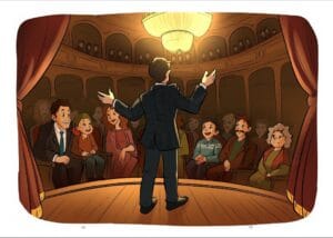 Актьор изпълнява своята роля на сцената пред публиката в театъра