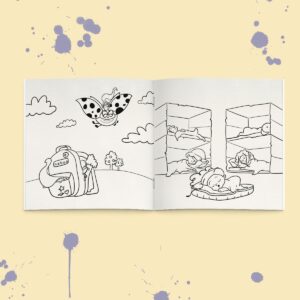 Разтворена детска книжка за оцветяване Жриамули с илюстрации на герои сред природата.