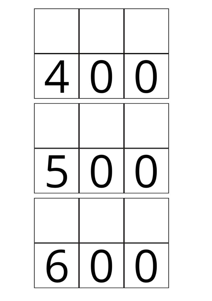 Шаблон с числата 400, 500 и 600 към играта „Единици, десетици, стотици“